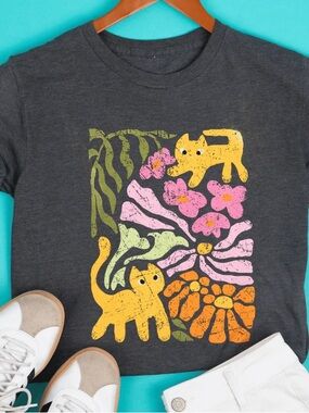 Charcoal Cat’s Garden Tee with Yellow Cats & Pink Flowers